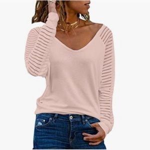 V Neck Striped Sheer Mesh Blouse